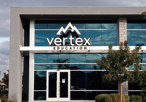Vertex Education building with trees